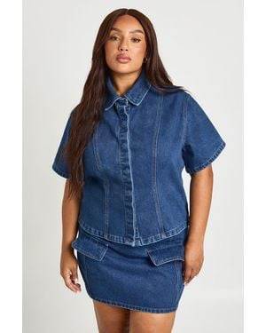 Boohoo Plus Concealed Placket Cinched Denim Shirt - Blue