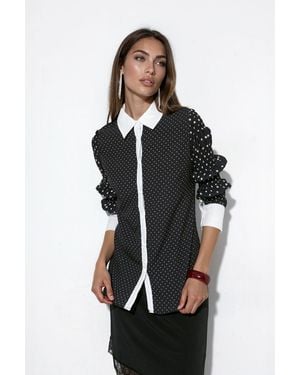 Msn-Collection Polka Dot Woven Button T-Shirt - Black