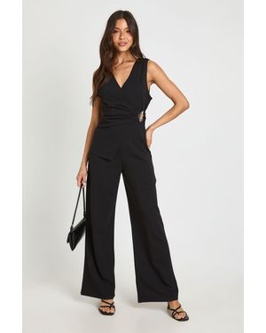 Boohoo Jersey Crepe Trim Wide Leg Jumpsuit - Blue