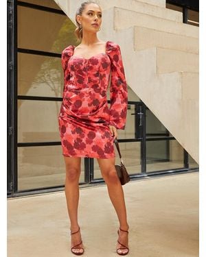 Chi Chi London Long Sleeve Corset Style Floral Midi Dress - Red