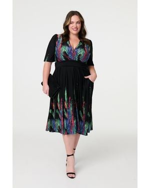 Izabel London Feather Print Faux Wrap Front Midi Dress - Black