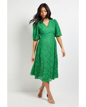 Wallis Lace Puff Sleeve Midi Dress - Green