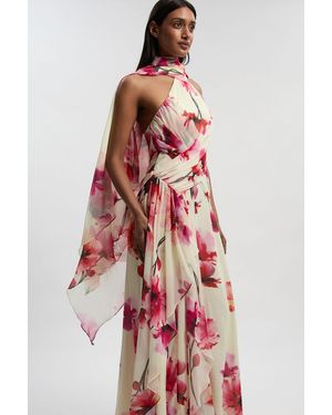 Karen Millen Floral Print Crinkle Cross Front Georgette Woven Maxi Dress - Red