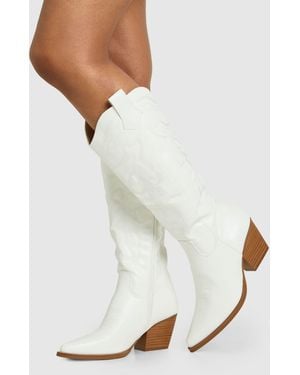 Boohoo Embroidered Knee High Western Boots - White