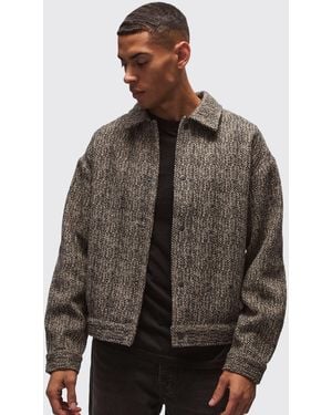 BoohooMAN Heavyweight Boucle Herringbone Overshirt - Brown