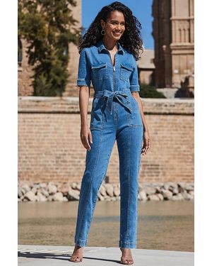 Sosandar Mid Denim Tie Waist Utility Jumpsuit - Blue