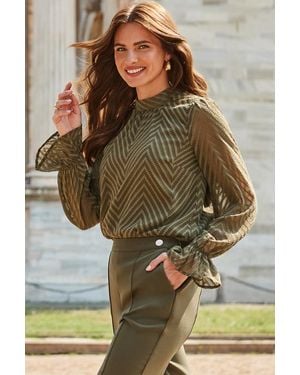 Sosandar Khaki Textured Chevron Blouse - Green