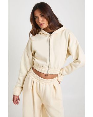 Boohoo Cropped Double Zip Cinched Waist Hoodie - Natural