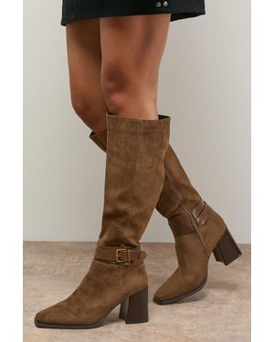 Oasis Tabitha Faux Suede Buckle Detail Square Toe High Block Heel Boot - Brown