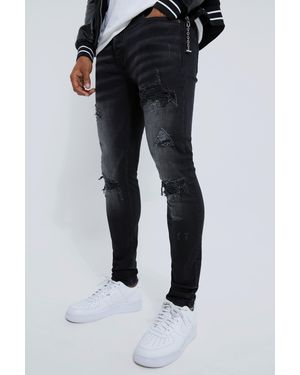 BoohooMAN Skinny Stretch Rip And Repair Biker Washed Jeans - Black
