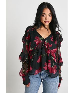 Boohoo Floral Ruffle Chiffon Blouse - Black