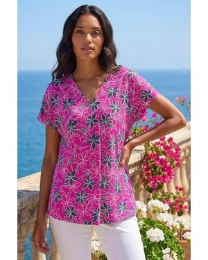 Roman Floral Print Pleat Front Stretch Top - Pink