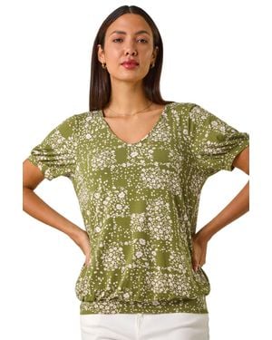 Roman Floral Print Bubble Hem Top - Green