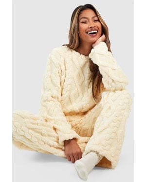 Boohoo Cable Knit Fleece Lounge Sweatshirt - Natural