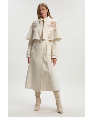 Karen Millen Brushed Wool Pu Mix Placed Floral Embroidery Applique Tailored Cape Full Skirted Midi Coat - Natural