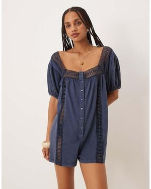 ASOS Broderie Square Neck Button Down Puff Sleeve Playsuit - Blue