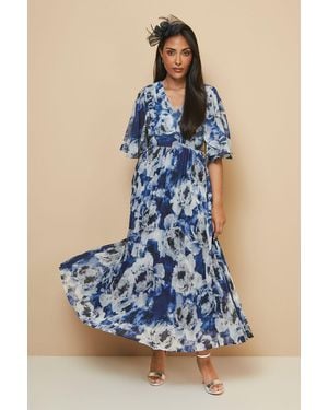 Wallis Petite Floral Print Pleated Cape Sleeve Midi Dress - Blue