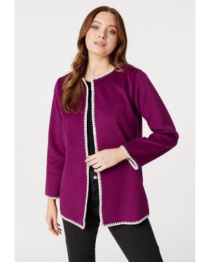 Izabel London Blanket Stitch Open Front Coat Bouclé - Purple