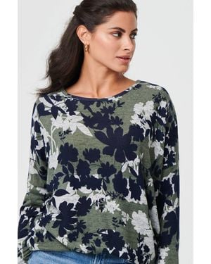 Izabel London Leaf Print Long Sleeve Relaxed Top - Grey
