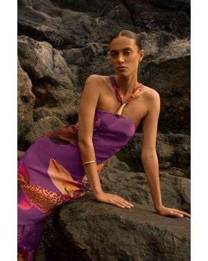 Karen Millen Petite Viscose Satin Floral Print Halter Neck Maxi Dress - Purple