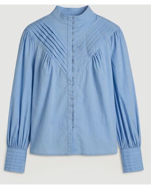 Karen Millen Plus Size Cotton Pleated High Neck Balloon Sleeve Woven Blouse - Blue