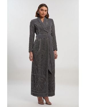 Karen Millen Velvet Embellished Woven Maxi Blazer Dress - Grey