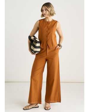 Gini London Rust Cotton Contrast Stitch Detail Waist Coat - Brown