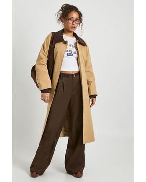 Boohoo Belted Trench Coat With Contrast Faux Leather Collar - Natural