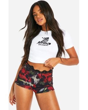 Boohoo Smudge Print Mesh Ruched Lace Trim Booty Short - White