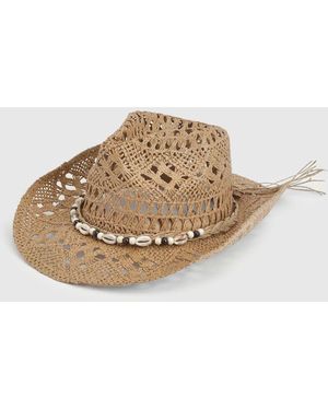 Boohoo Shell Trim Straw Western Cowboy Hat - Natural