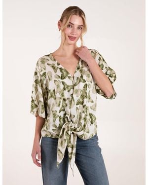 Blue Vanilla Tie Front Watercolour Butterfly Printed Top - Natural