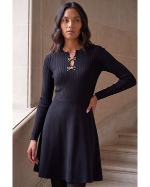 Roman Metal Bow Keyhole Knit Dress - Blue