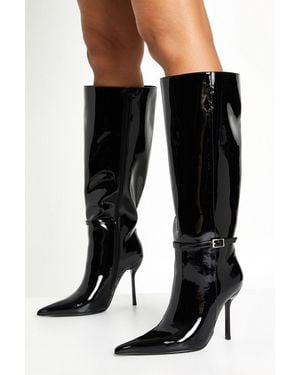 Boohoo Patent Stiletto Buckle Detail Pointed Toe Knee High Boots - Black
