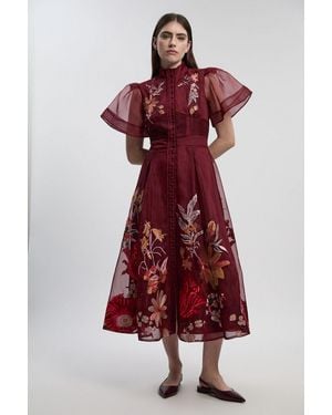 Karen Millen Petite Botanical Embroidery Organdie Angel Sleeve Midi Dress - Red