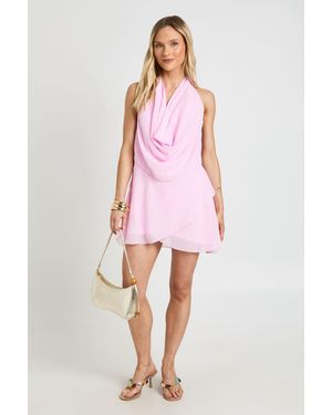 Boohoo Petite Chiffon Halterneck Layered Hem Mini Dress - Pink