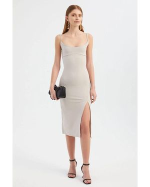 Hiccup Scoop Neck Spaghetti Strap Midi Bodycon Dress With A Side Slit - White
