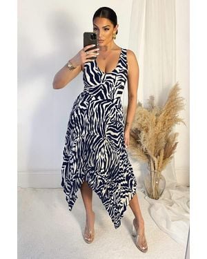 AX Paris And Cream Printed V Neck Zig Zag Hem Pleated Midi Dress - Blue