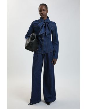 Karen Millen Denim Pleated Wide Leg Trouser - Blue