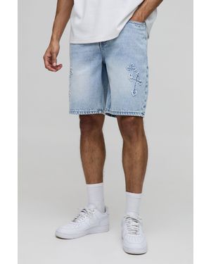 BoohooMAN Relaxed Stone Washed Cross Applique Jean Shorts - Blue