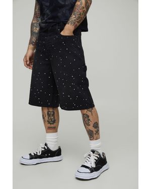 BoohooMAN All Over Rhinestone Overdye Jorts - Black