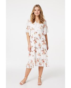 Izabel London Multi Floral Lace Midi Tea Dress Viscose - White