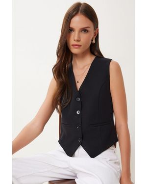 Happiness İstanbul Crop Button Waistcoat - Black