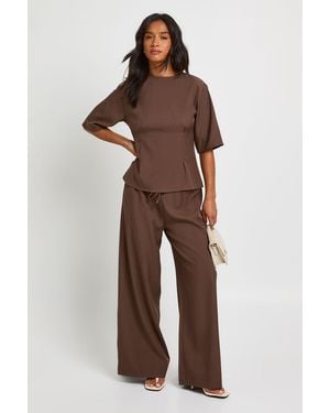 Boohoo Petite Woven Marl Cinch Waist Top Wide Leg Trouser Co-Ord - Brown