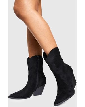 Boohoo Faux Suede Calf High Western Boots - Black