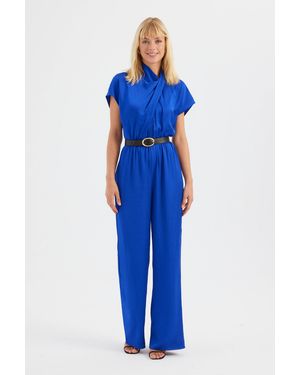 Hiccup High Neck Drawstring Jumpsuit With A Front Detail - Blue