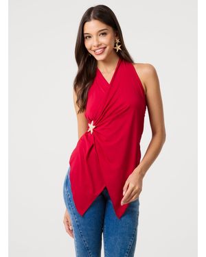 Pink Vanilla Star Detail Wrapover Halterneck Top - Red