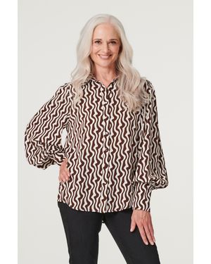 Izabel London Printed Puff Sleeve Shirt - Brown