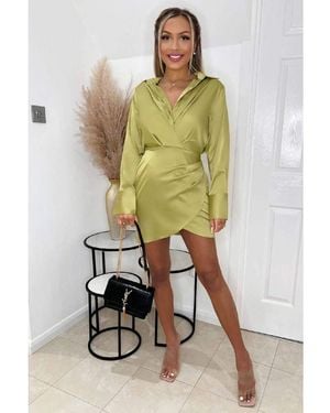 AX Paris Lime Satin Wrap Shirt Dress - Green