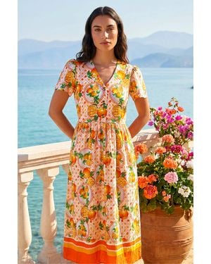 Roman Fruit Print V-Neck Midi Dress - Orange