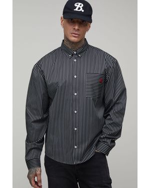 BoohooMAN Tall Oversized Boxy Stripe Long Sleeve Curved Hem Shirt - Grey